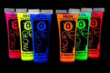 tubes of glow in the dark body paint colors pink yellow blue orange green red from left to right